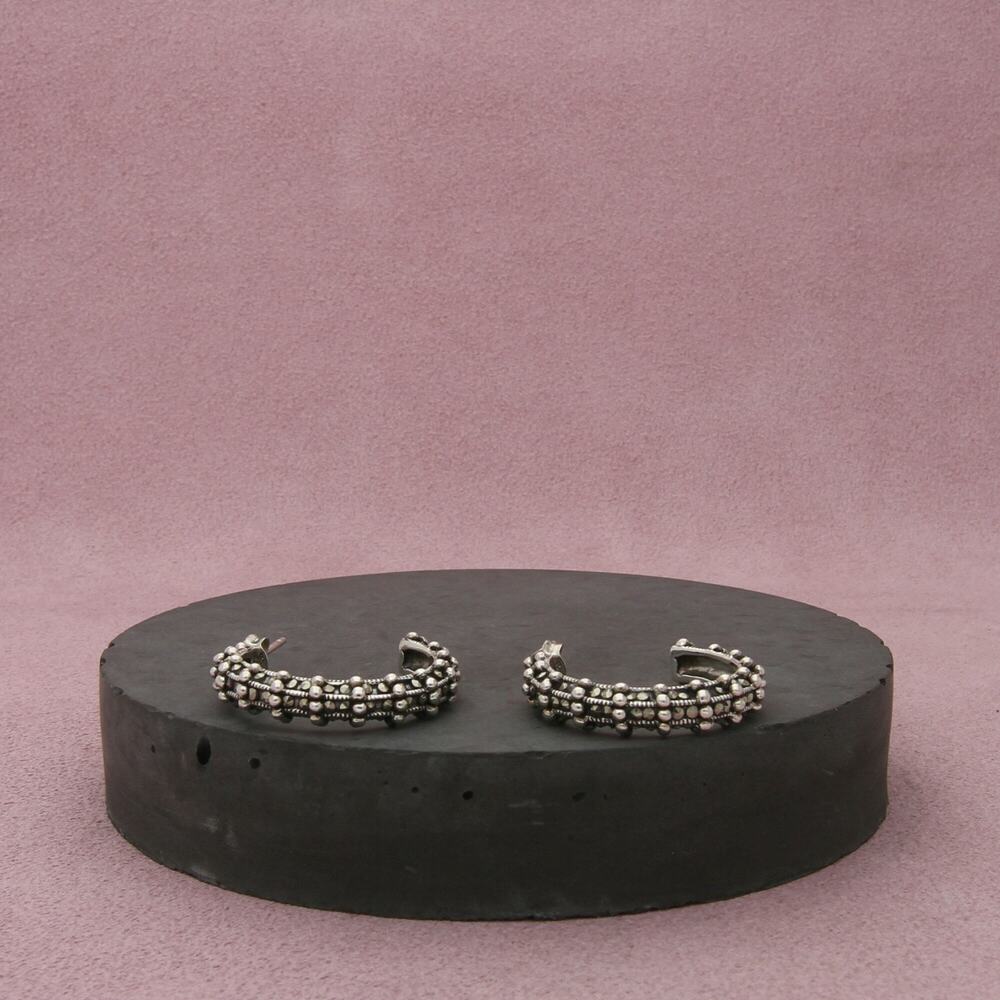sterling silver 25mm beaded marcasite j-hoop earrings